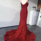 Mermaid Red Spaghetti Straps Velvet Sequin Prom Dress