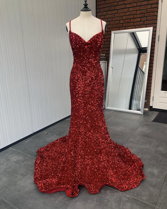 Mermaid Red Spaghetti Straps Velvet Sequin Prom Dress