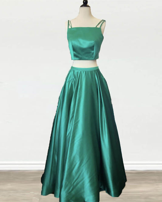 Two Piece Green Satin Prom Dress