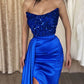 Royal Blue Strapless Sequin Satin Slit Dress