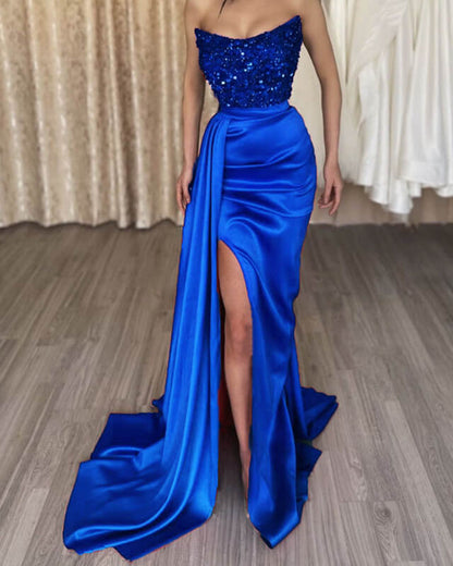 Royal blue satin slit prom dress