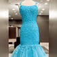 Mermaid Ice Blue Prom Dresses Lace Embroidery