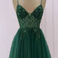 Emerald Green Tulle Prom Dress Beaded V Neck