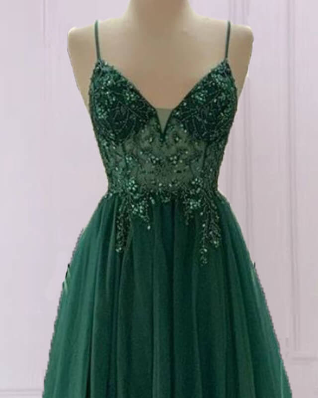 Emerald Green Tulle Prom Dress Beaded V Neck