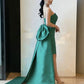 Green Strapless Satin Sheath Dress With Bow Back