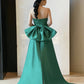 Green Strapless Satin Sheath Dress With Bow Back