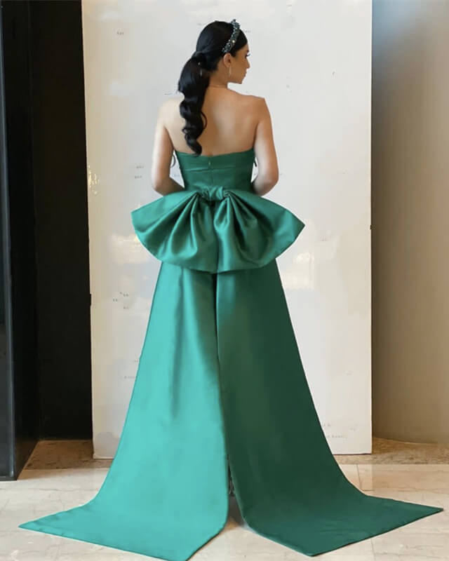 Green Strapless Satin Sheath Dress With Bow Back