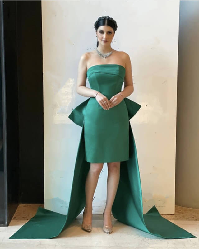 Green Strapless Satin Sheath Dress With Bow Back
