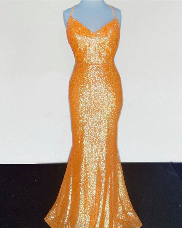 Orange Sequin Prom Dress