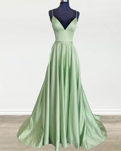 Long Sage Green V Neck Satin Dress Lisposa Long Sage Green V Neck Satin Dress Lisposa