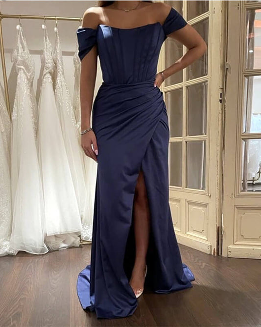 Long Dark Blue Slit Satin Corset Dress