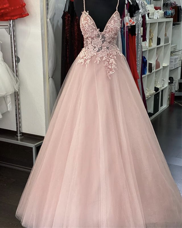 Pearl Pink Tulle Prom Dresses V Neck Appliques