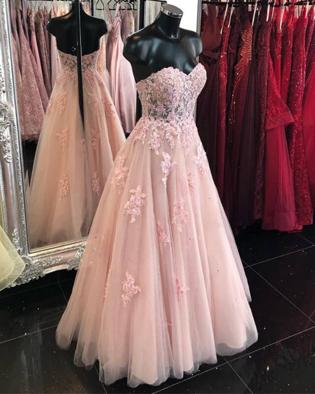 Pink Sweetheart Corset Appliquqes Prom Dress