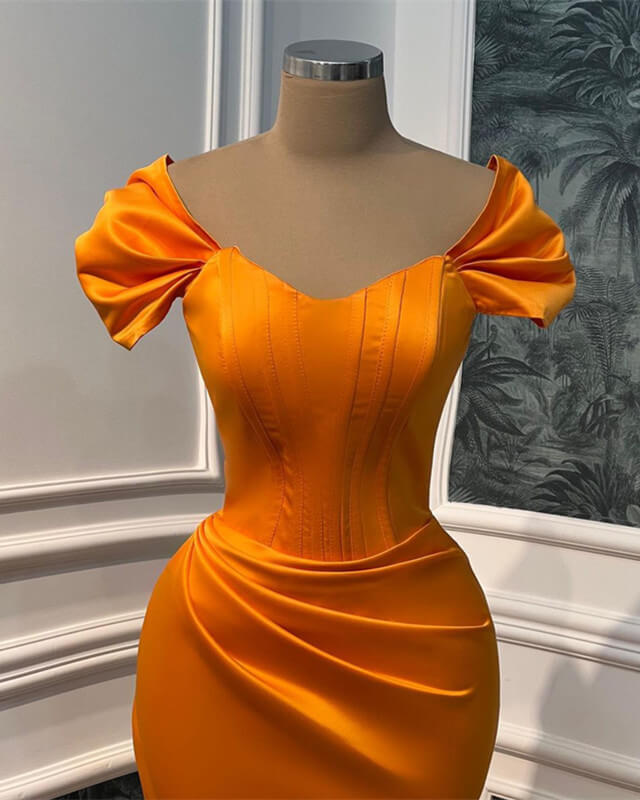 Mermaid Orange Satin Cap Sleeve Slit Dress