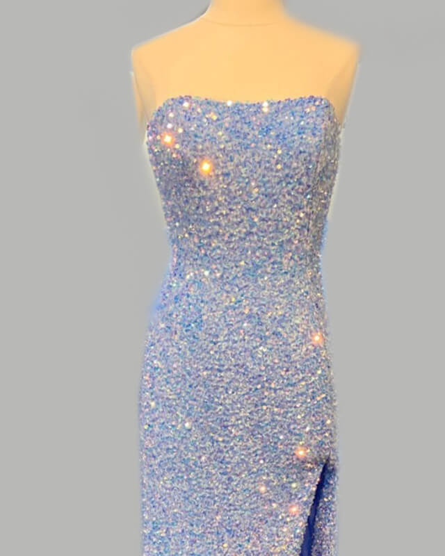 light blue knee length dress Light Blue Sequin Mermaid Prom Dresses Strapless Split – Lisposa
