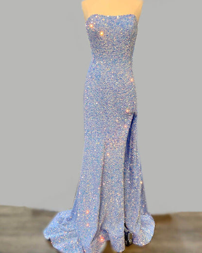 Light Blue Sequin Mermaid Prom Dresses Strapless Split Lisposa Light Blue Sequin Mermaid Prom Dresses Strapless Split Lisposa