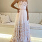 Long Pink Tulle Stapless Dresses With Butterfly Lace