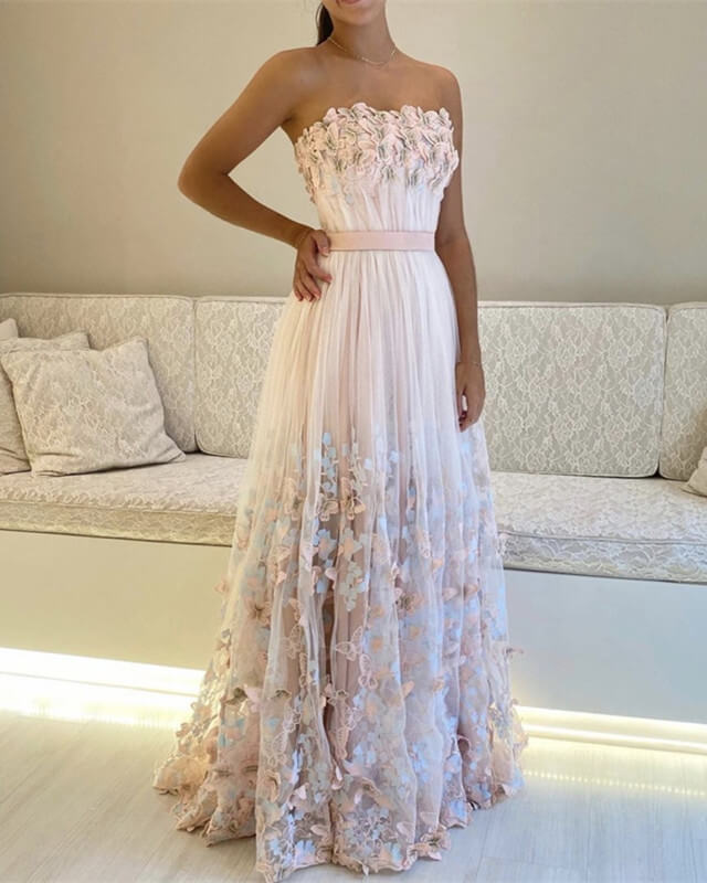 Long Pink Tulle Stapless Dresses With Butterfly Lace