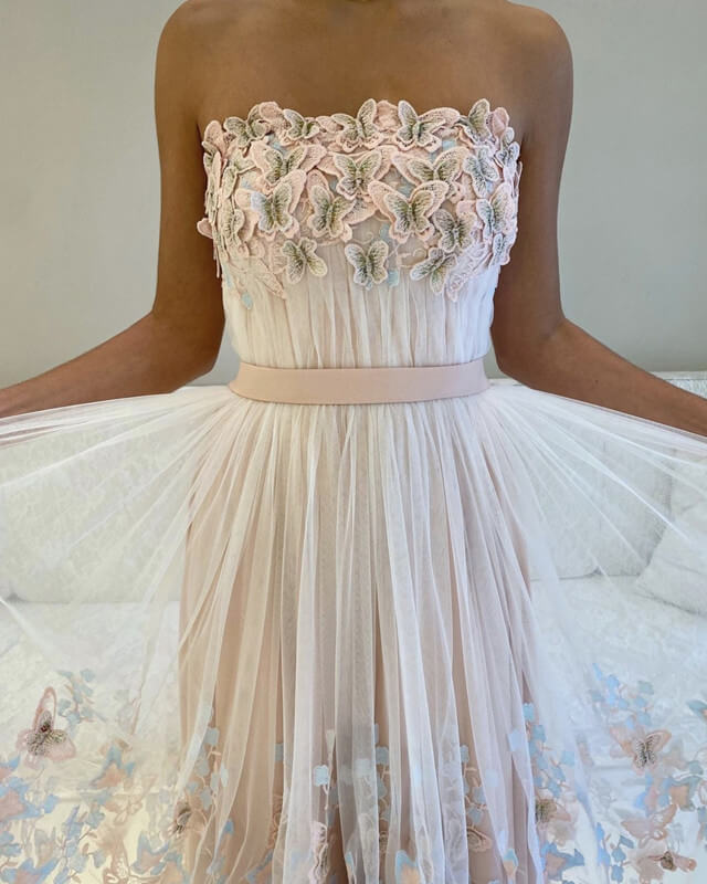Long Pink Tulle Stapless Dresses With Butterfly Lace