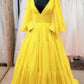 Yellow Puffy Sleeves Ball Gown Tulle Prom Dresses