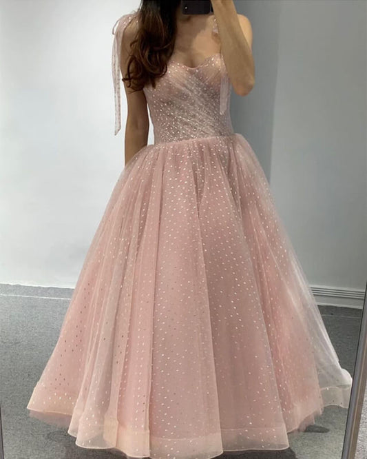 Pink Tulle Midi Prom Dresses