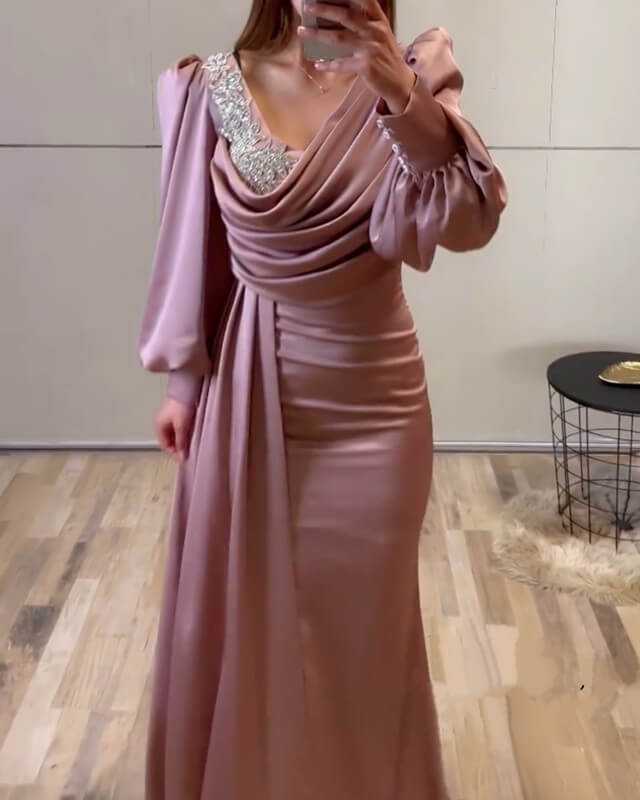 Mermaid Rose Satin Long Sleeve Dress