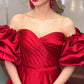 Red Removable Sleeve Ball Gown Satin Dress