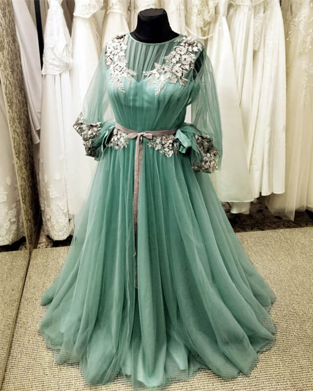 Long Sleeve Sage Green Tulle Prom Dresses