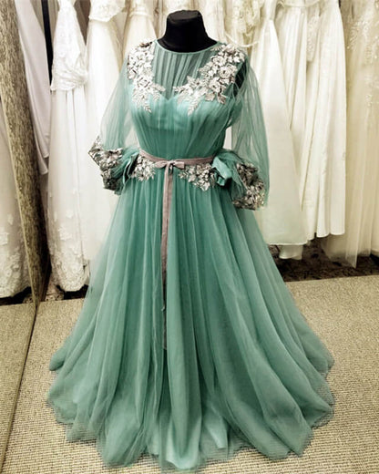 mint green prom dress with sleeves Elegant Mint green Puff Sleeve Evening prom Dress with Slit cg13560 classygown