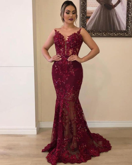 Mermaid Burgundy Sequin Lace Dress