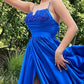 Long Royal Blue Satin Sweetheart Appliques Slit Dresses