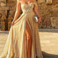 Long Gold Sparkly One Shoulder Slit Dress