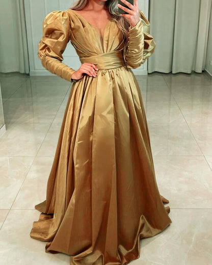 Tan Satin Long Sleeve Formal Dress