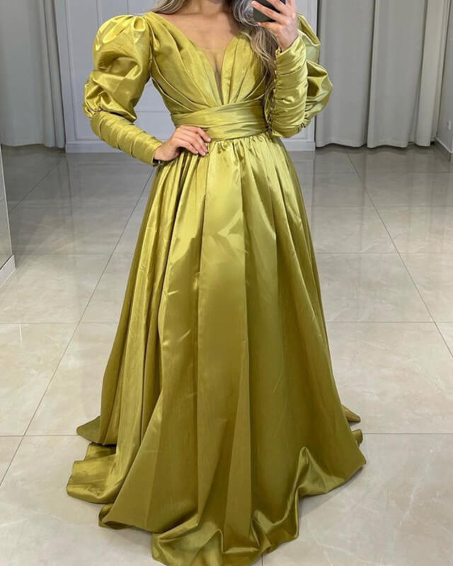 Tan Satin Long Sleeve Formal Dress