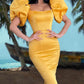 Mermaid Bright Yellow Puffy Sleeve Satin Dress