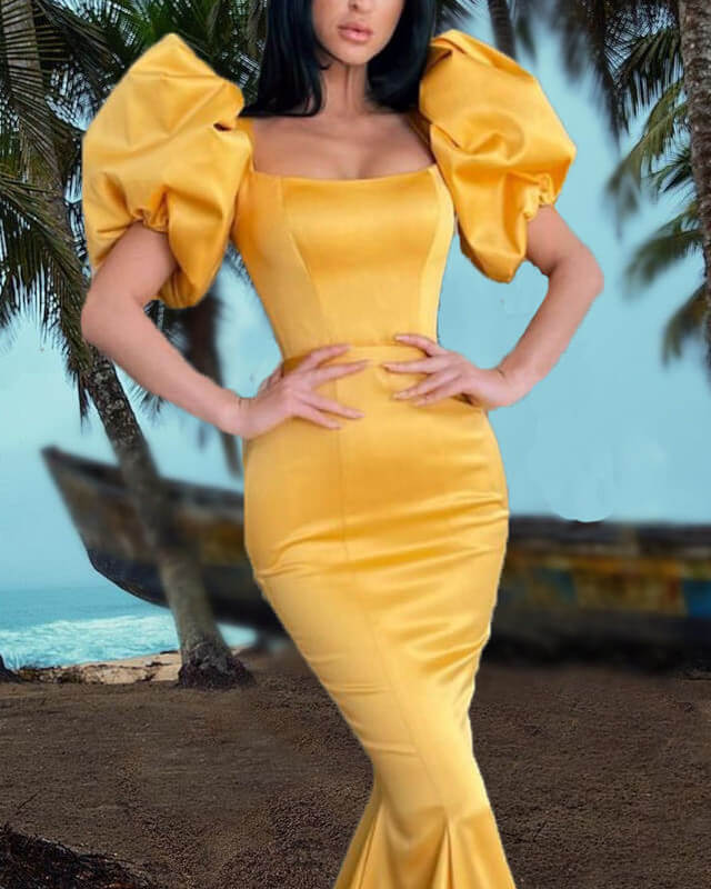 yellow satin dresses Mermaid Bright Yellow Satin Dresses Puffy Sleeve – Lisposa