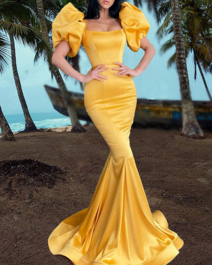 Mermaid Bright Yellow Satin Dresses Puffy Sleeve – Lisposa