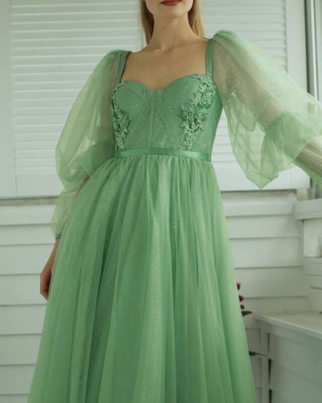 cottage core dress Light Green Tulle Cottagecore Dress With Puffy Sleeve – Lisposa