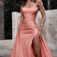 Mermaid Peach Satin Sleeveless Split Dress