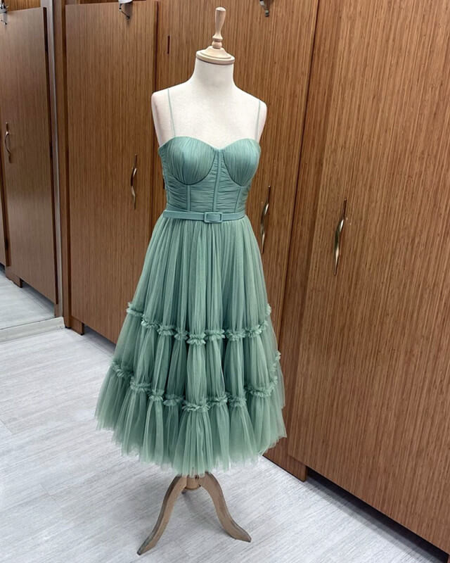 Sage Tiered Tulle Tea Length Corset Dress