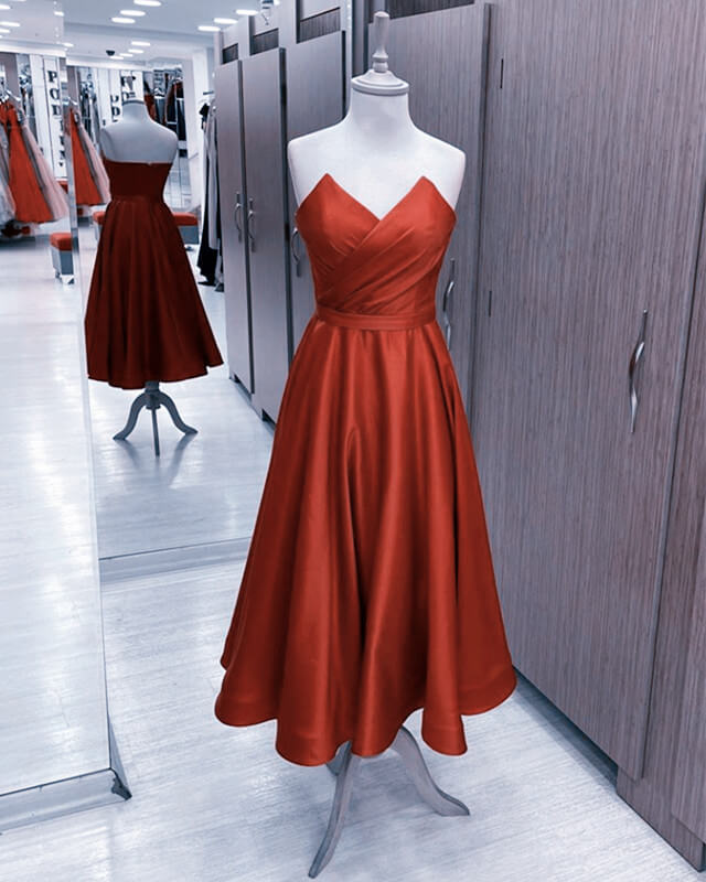 Red Strapless Midi Satin Dress