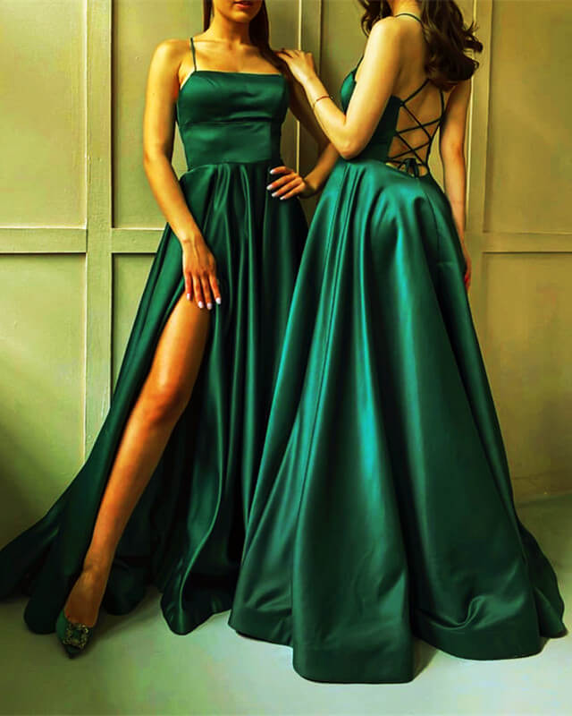 Long Emerald Green Satin Lace-up Back Dress – Lisposa