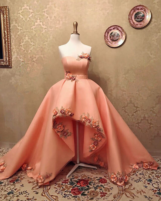 Peach Sweetheart High Low Dress With 3D Flowers