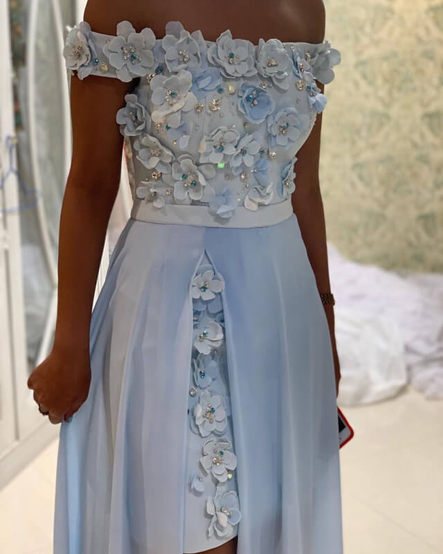 Light Blue Lace Flowers Prom Dresses Removable Skirt