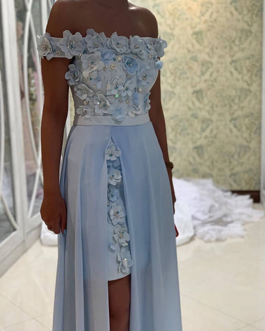 Light Blue Lace Flowers Prom Dresses Removable Skirt