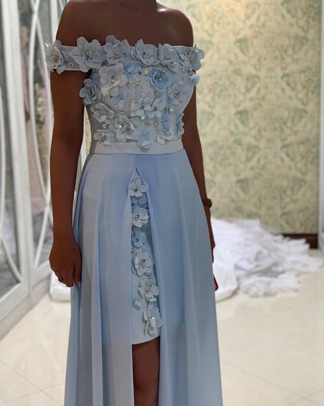 Light Blue Lace Flowers Prom Dresses Removable Skirt