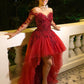 Burgundy Tulle High Low Prom Dress Long Sleeve