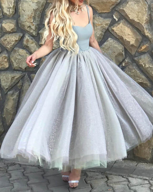 Silver Tulle And Satin Midi Ball Gown