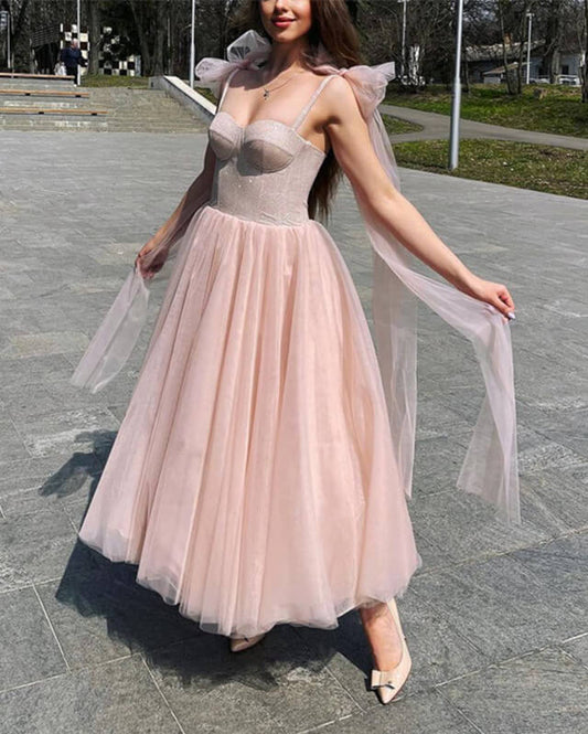 Blush Tulle Ankle Length Dress With Sparkly Corset