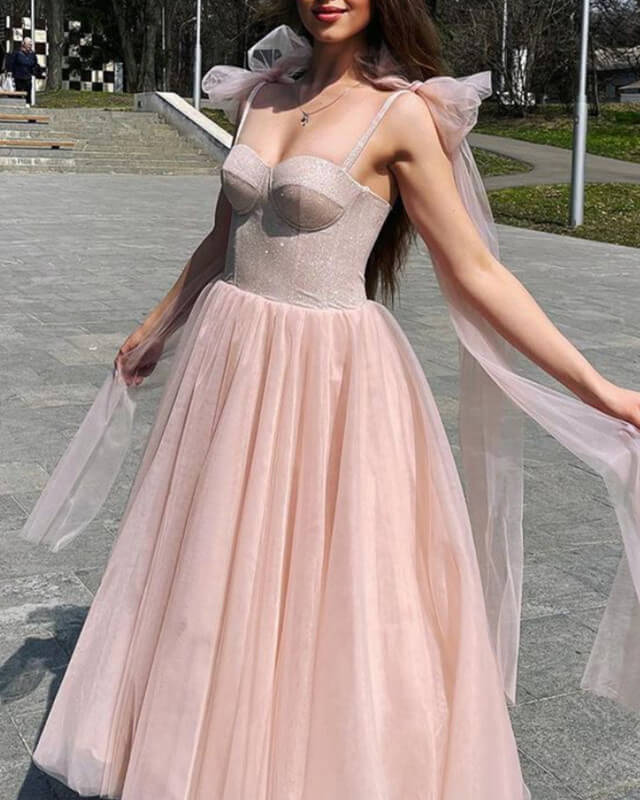 Blush Tulle Ankle Length Dress With Sparkly Corset